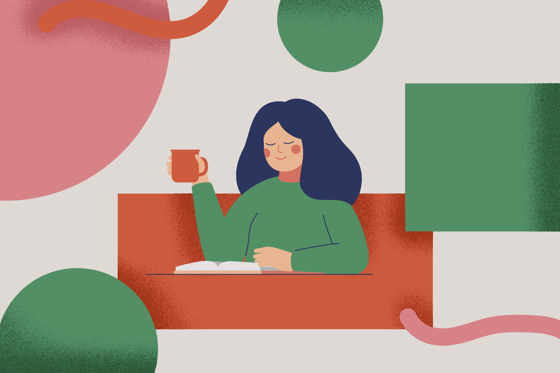 An illustration of a woman sitting with a mug and a book