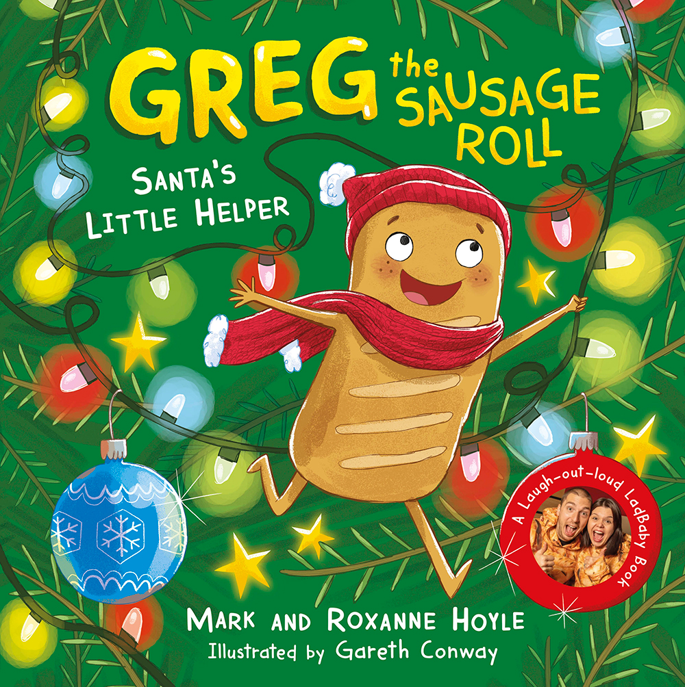 An image of the book cover of LadBaby's new kids book Greg the Sausage Roll and in the background is a night sky with clouds and silhouettes of the tops of houses