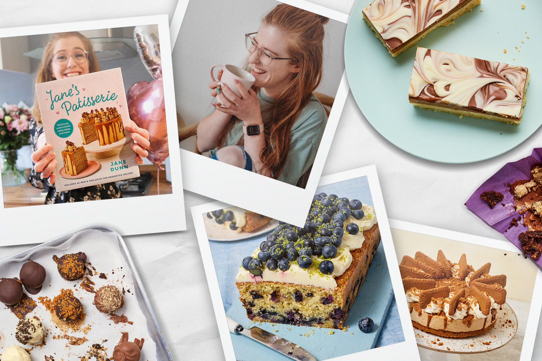 A collage of photographs of Jane Dunn with her book and her cakes