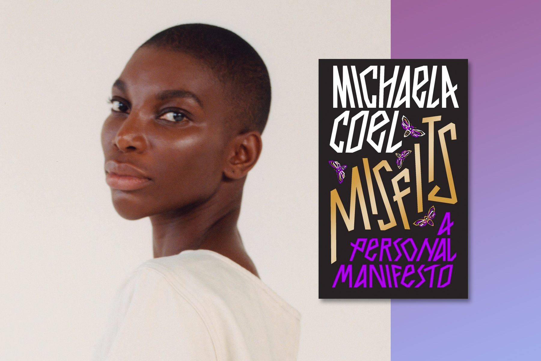 Image of Michaela Coel side by side with a copy of her book Misfits