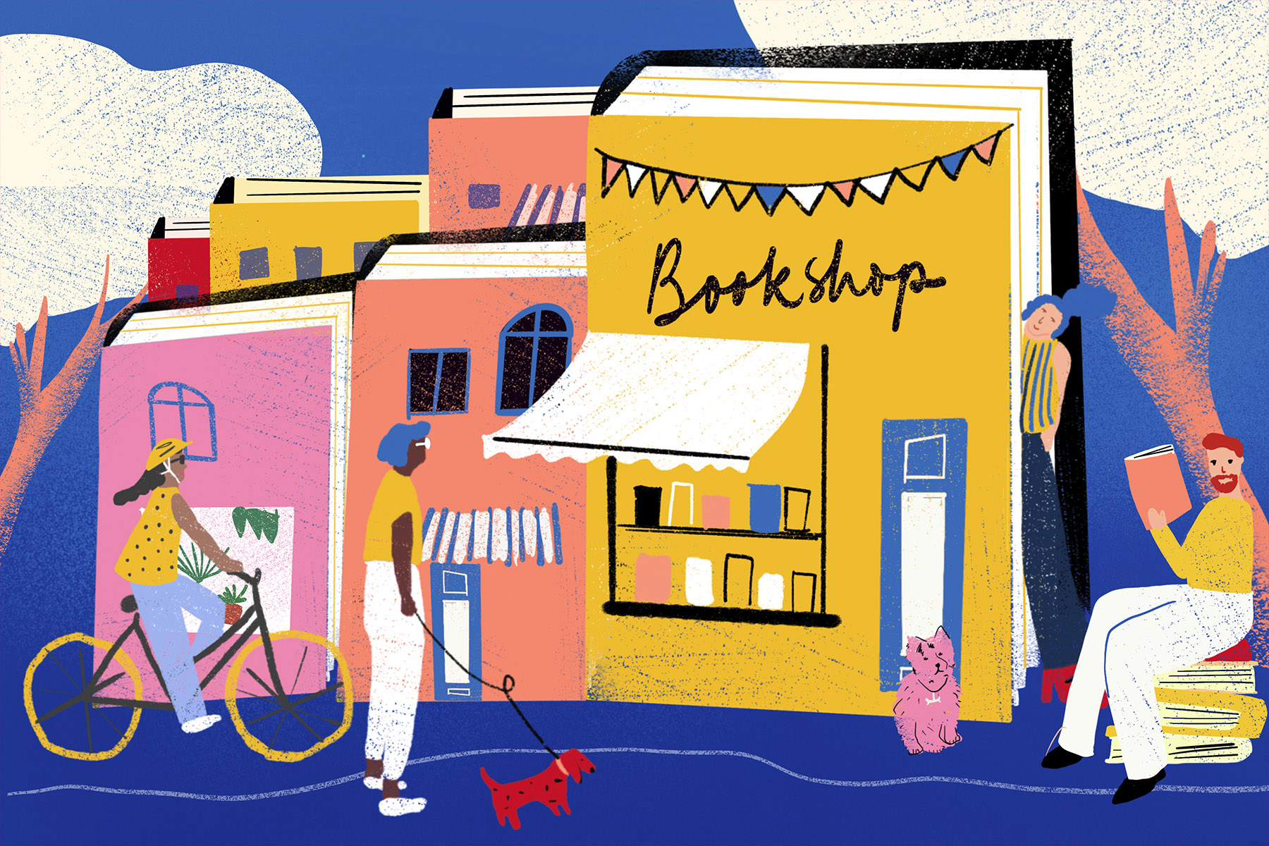 Colourful illustration of people walking, biking and hanging out in front of a bookshop, and a number of building all made of out books.