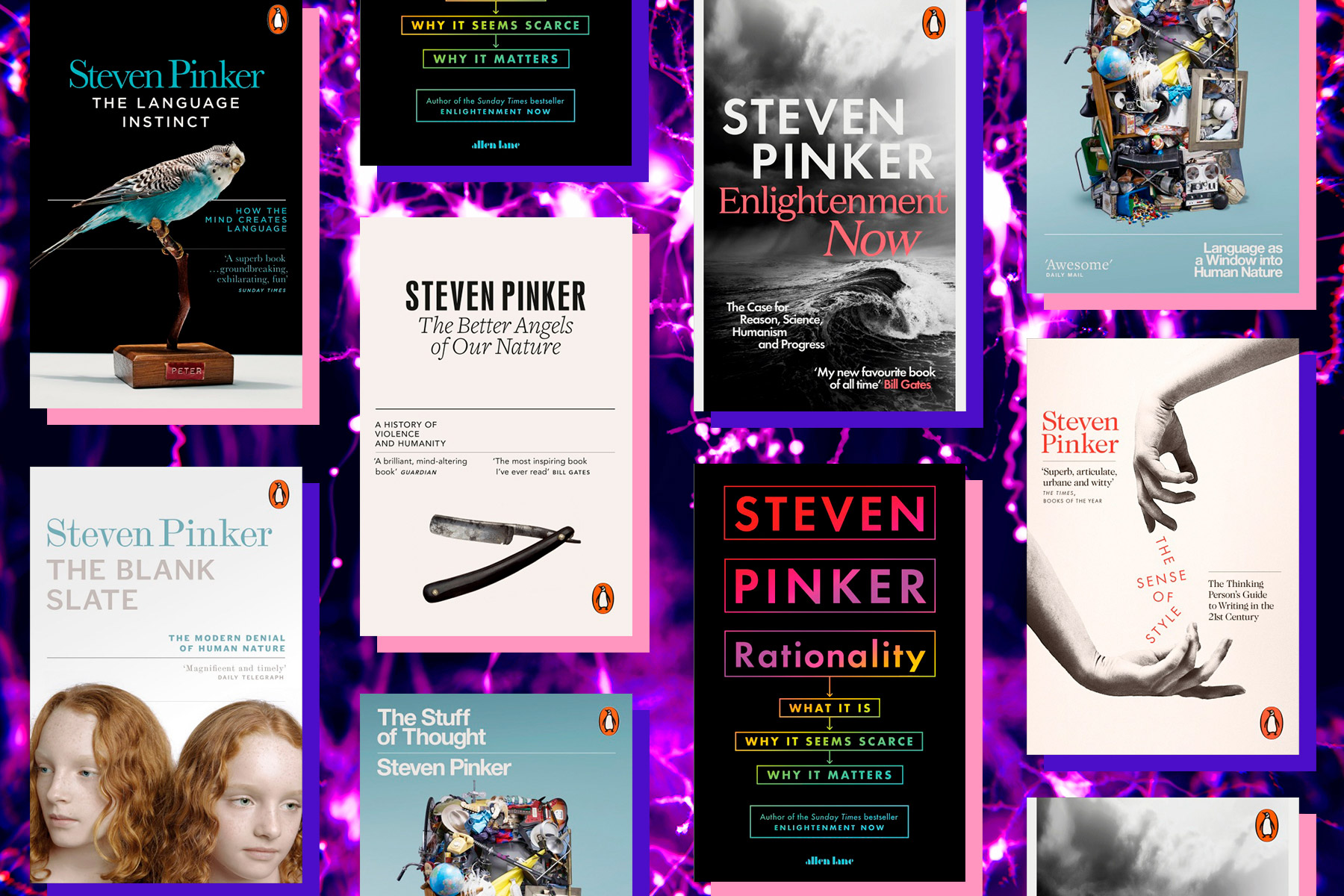 A flatlay of Steven Pinker's books