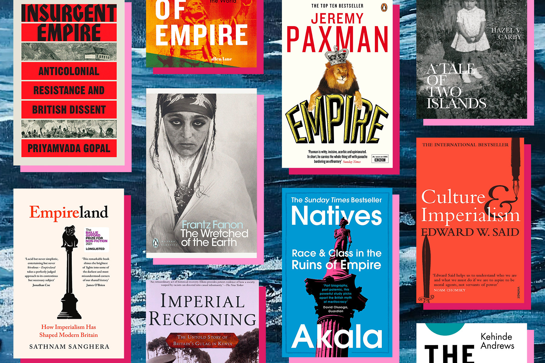 A flatlay of books about colonialism