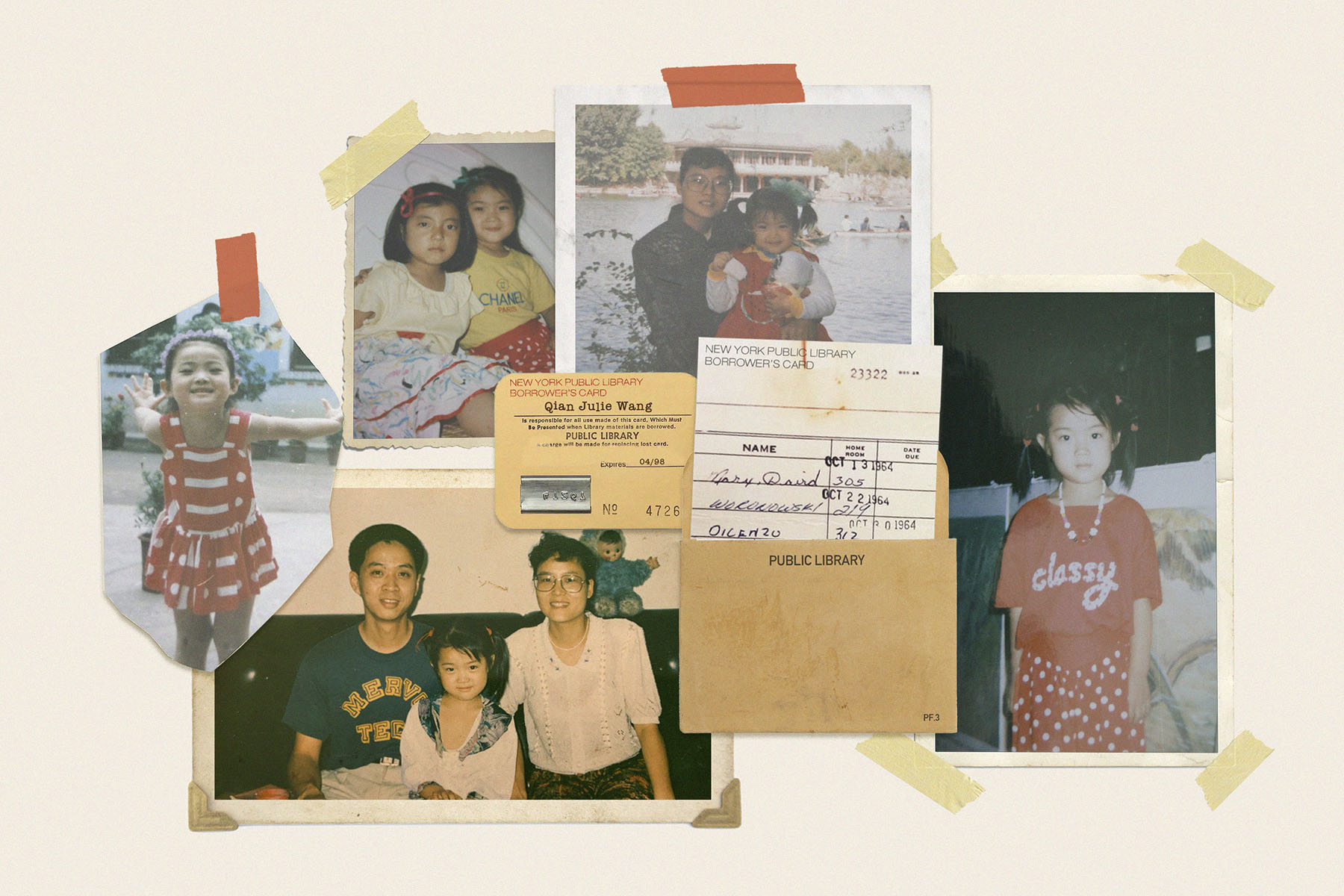 Photos of author Qian Julie Wang as a child with her family in New York City, arranged like a scrapbook against a cream background.