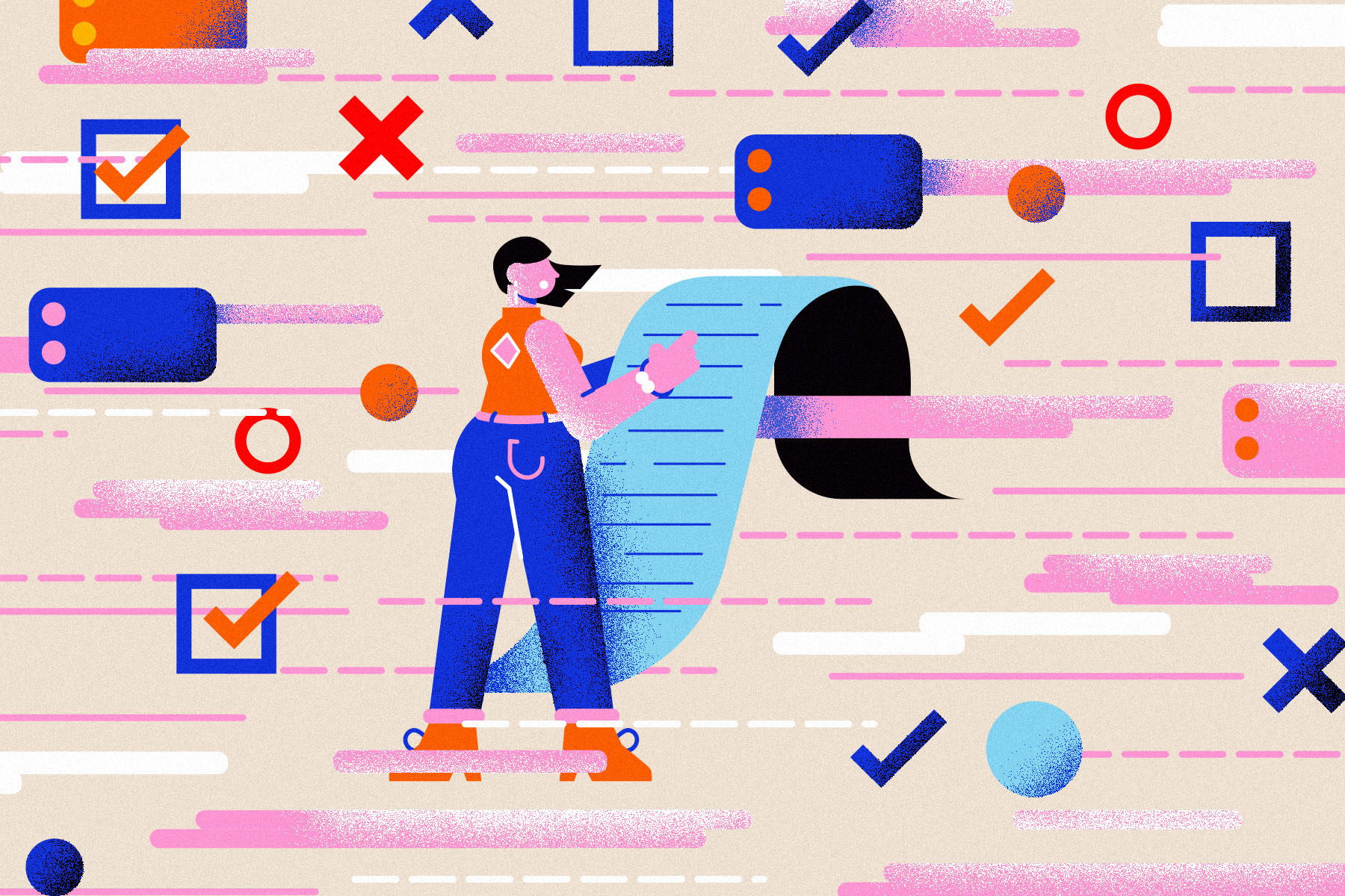 An illustration of a woman being blown away by schedule obligations (tick marks, phones, and Xs) in shades of pink, blue and red