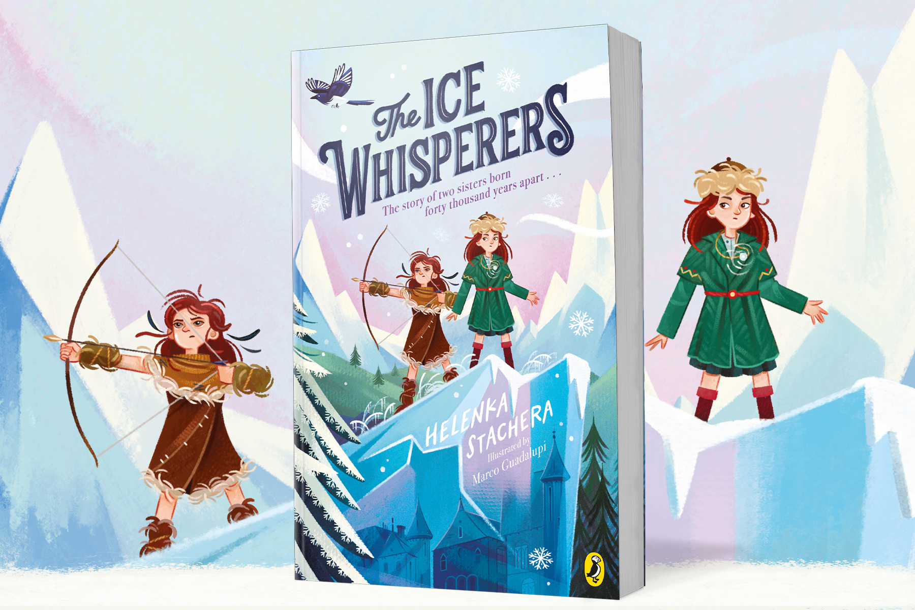 A picture featuring the book The Ice Whisperers by Helenka Stachera. The background is an illustration from the front cover and shows the two main characters Bela and Ra-ya standing against a snowy landscape. One of them holds a bow and arrow.
