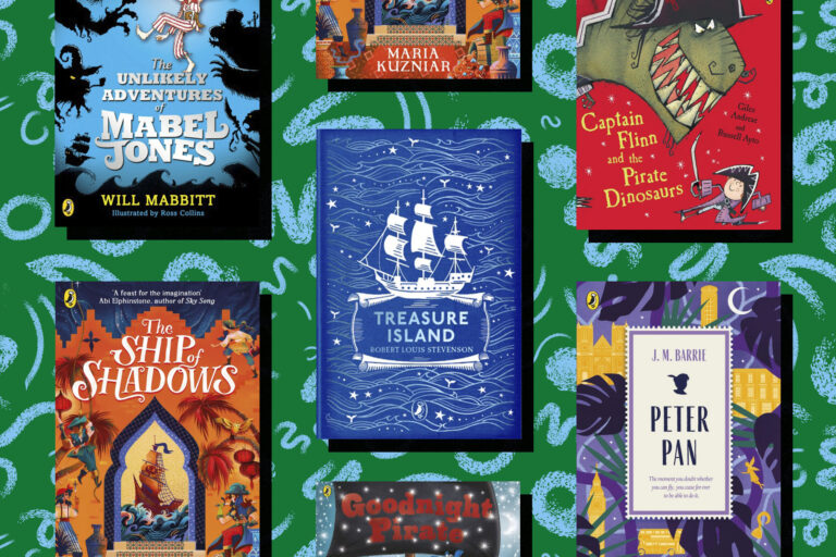 A picture of several piarate-themed books on a green background with light blue squiggles