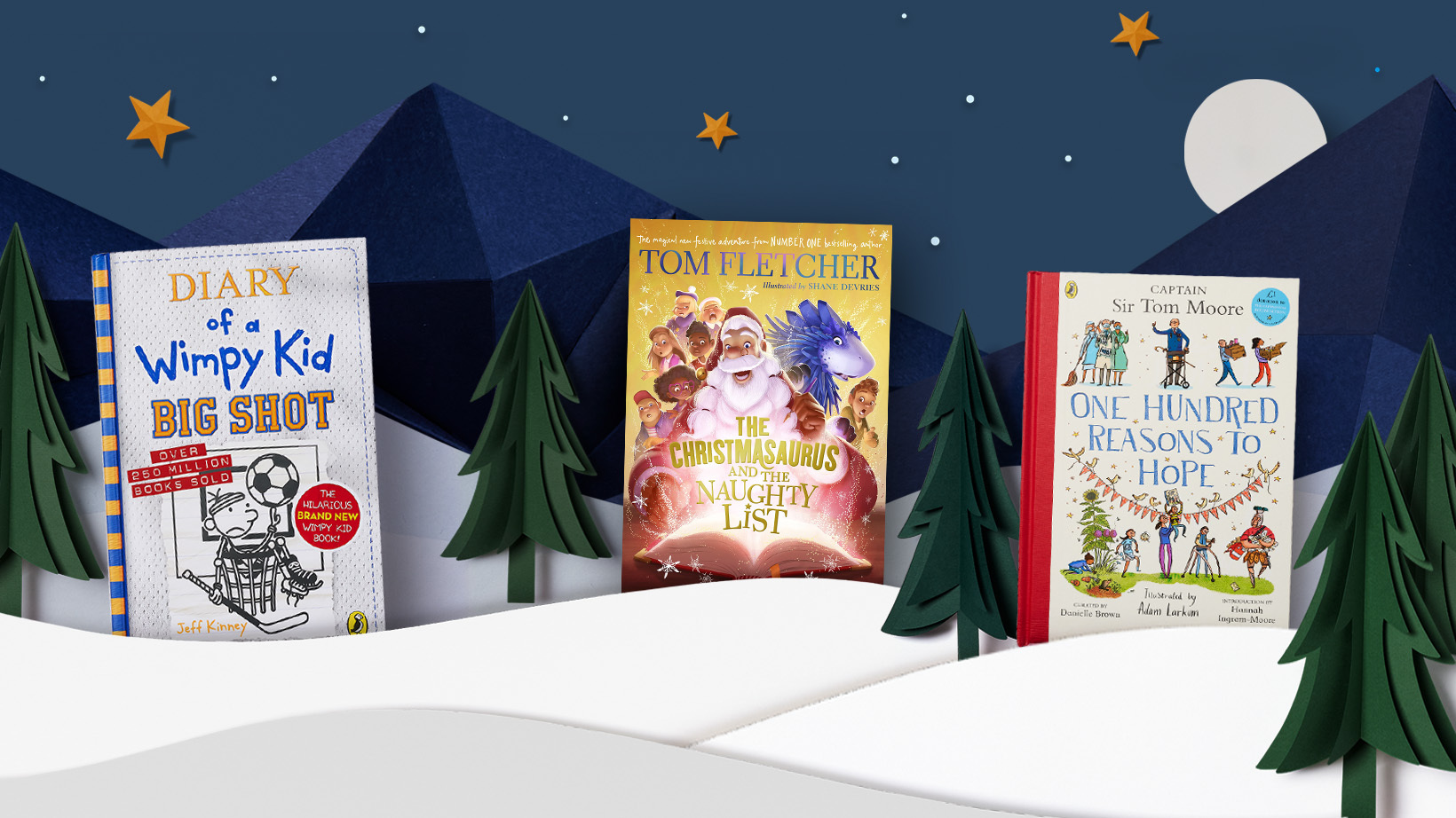 A photo of five books for 6 to 8s that will make great gifts for children. The books are on a dark blue background with mountains, snow and stars