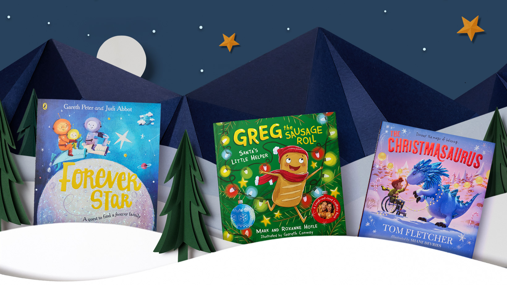 A photo of five books for under 5s that will make great gifts for children. The books are on a dark blue background with mountains, snow and stars