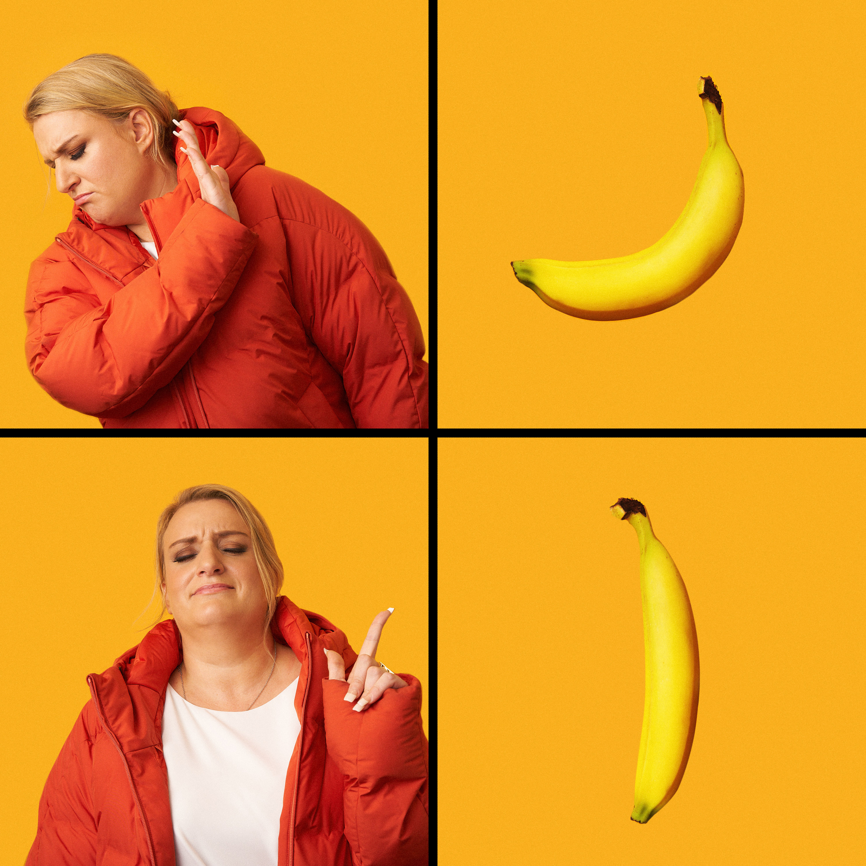 Daisy May Cooper wears a red puffa jacket in two pictures situated next to two photographs of a curved banana and a straight banana