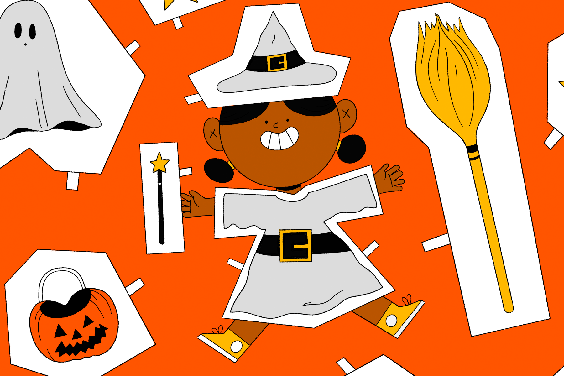 A cartoonish illustration of a dress-your-doll-style cut-out, with a witch in the centre and jack-o-lanterns and brooms around her
