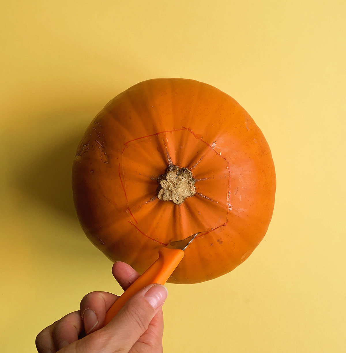 A photo of a hand cutting out the top of a pumpkin