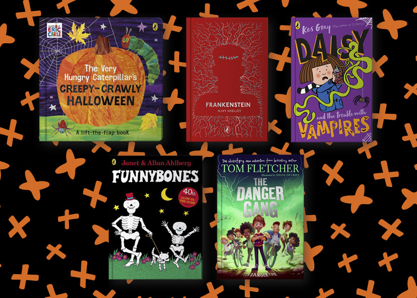 A selection of spooky children's books on a black background with orange stars