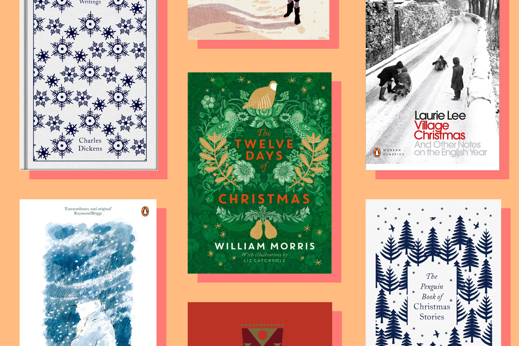 A selection of books to get you in the mood for Christmas, set against a soft peach-coloured background