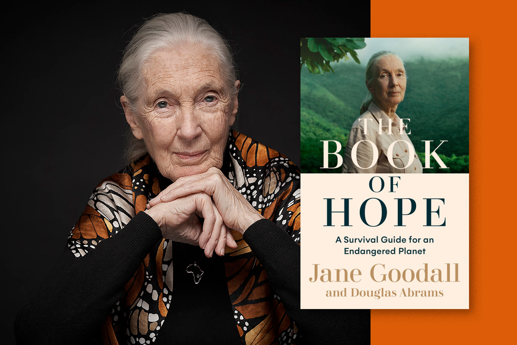A photo of anthropologist Jane Goodall with the cover of her new book, The Book of Hope, overlaid on the right.