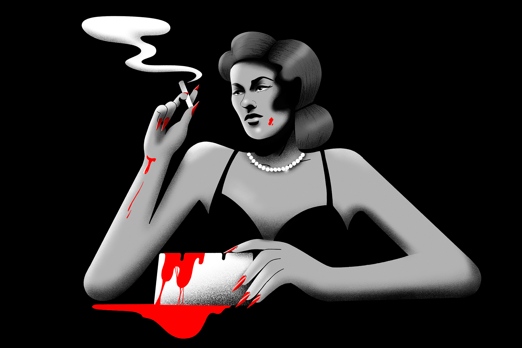 An illustration of a woman smoking a cigarette in black and white spattered in tiny blobs of red blood, holding a bloody ash tray.