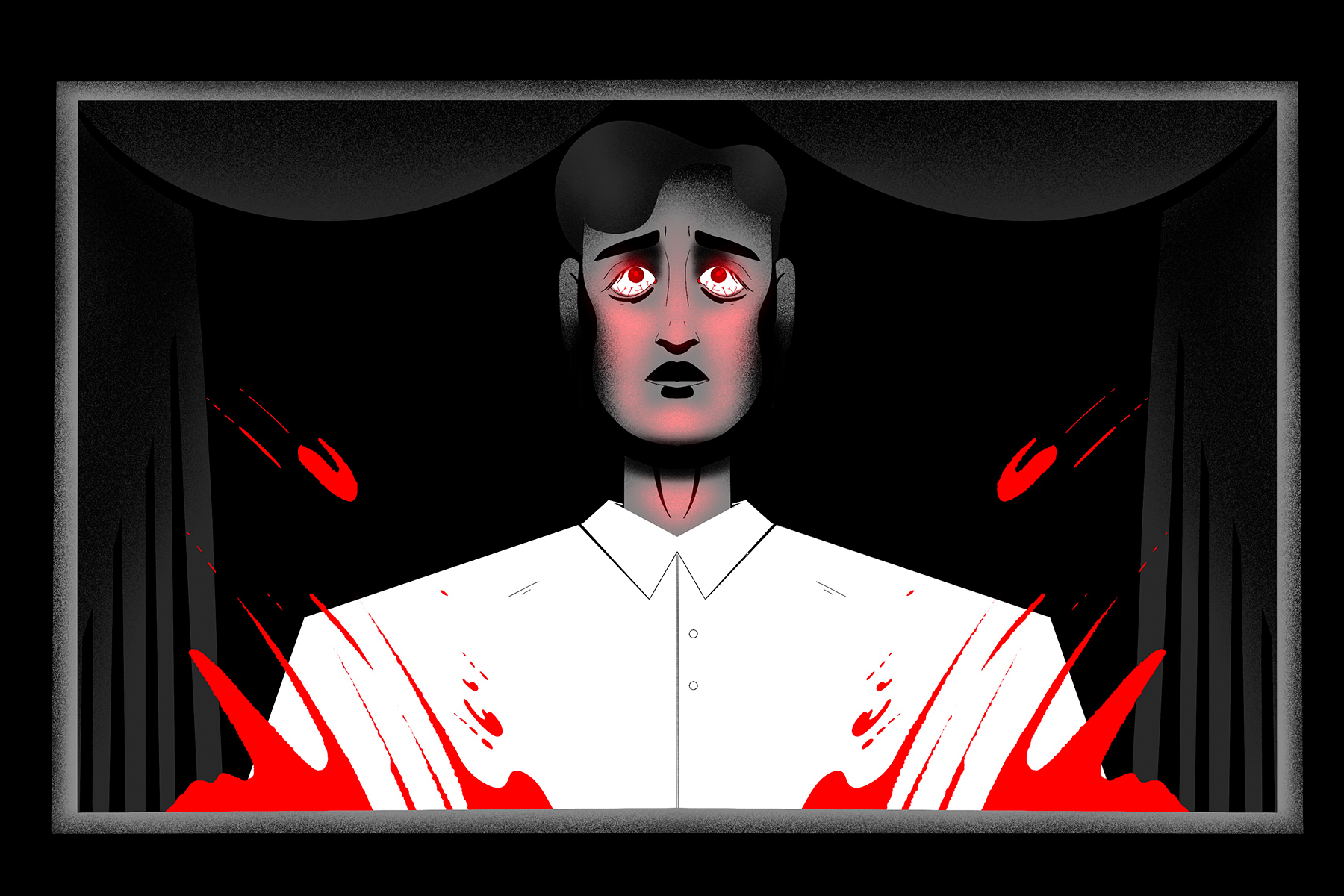 An illustration of a man looking, terrified, out his back window, all in grayscale except his eyes and streak of blood on the glass, both in vivid red.