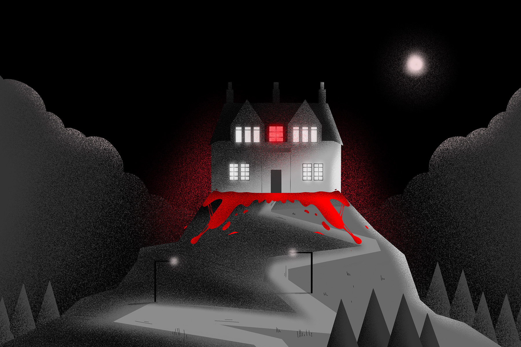 An illustration of a house atop a hill, the windows lit up, all in grayscale except for the blood at the house’s base and a single red window.