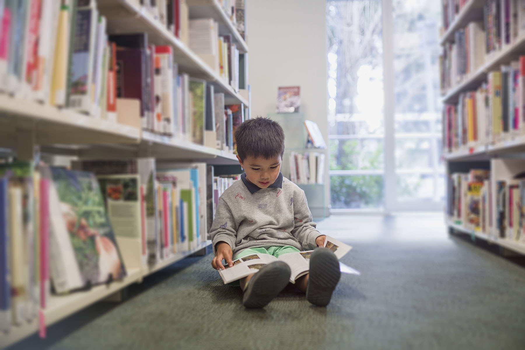 Child reading a book in the library. Image: Nazar Abbas Photography/Getty