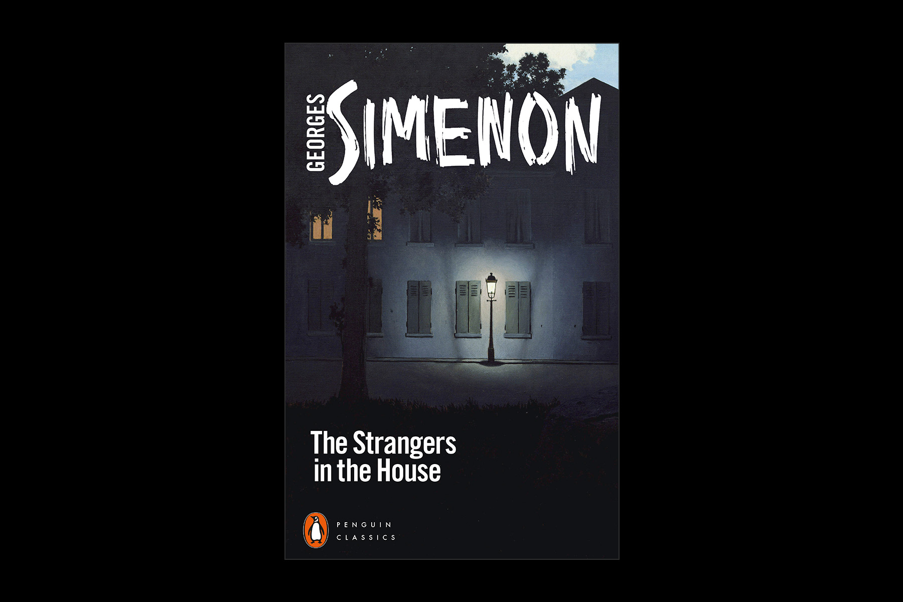 The cover of Georges Simenon's The Strangers in the House against a black background