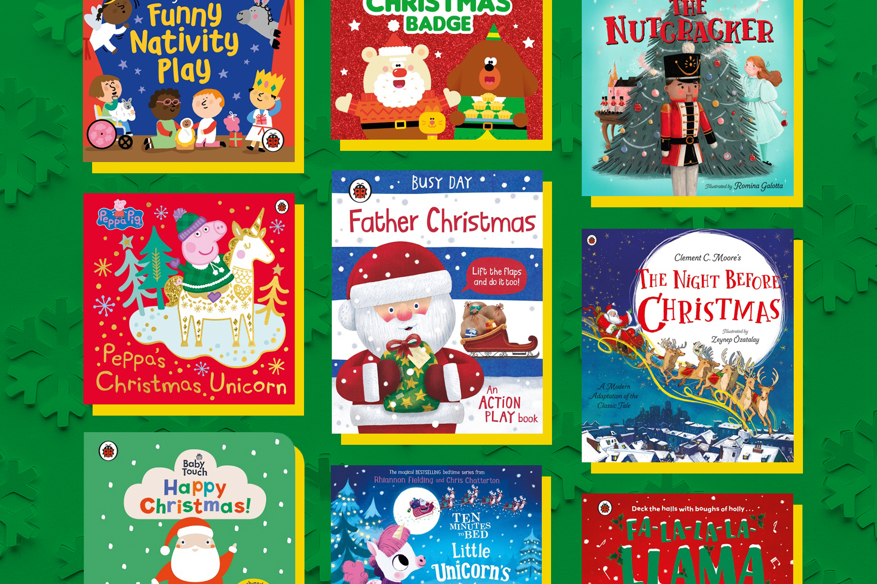 A picture of a selection of Christmas-themed children's books against a green background with cut-out snowflakes