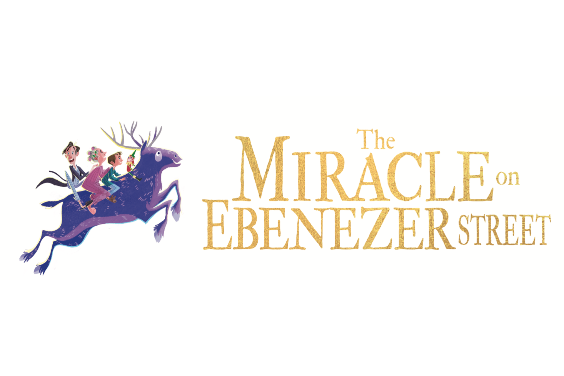 A picture of an illustration from The Miracle on Ebenezer Street showing three of the characters riding a reindeer on a white background, and next to typography of the book's title