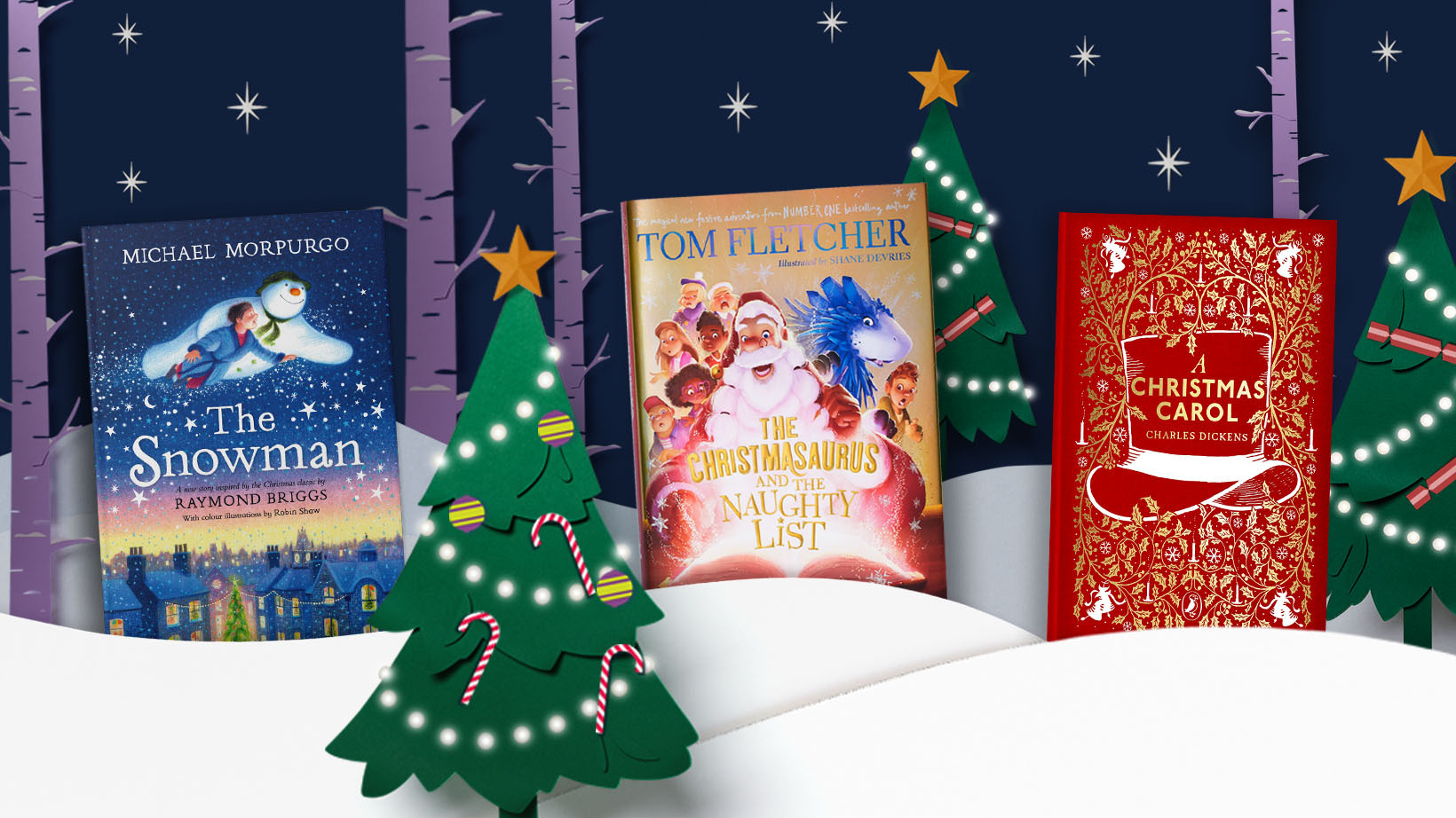 A picture of three Christmas books for children on a snowy background with Christmas trees in the foreground and background