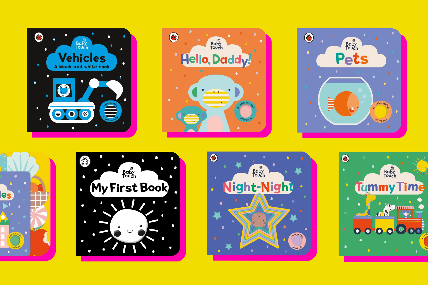 A picture of several books for babies in their first year on a bright yellow background