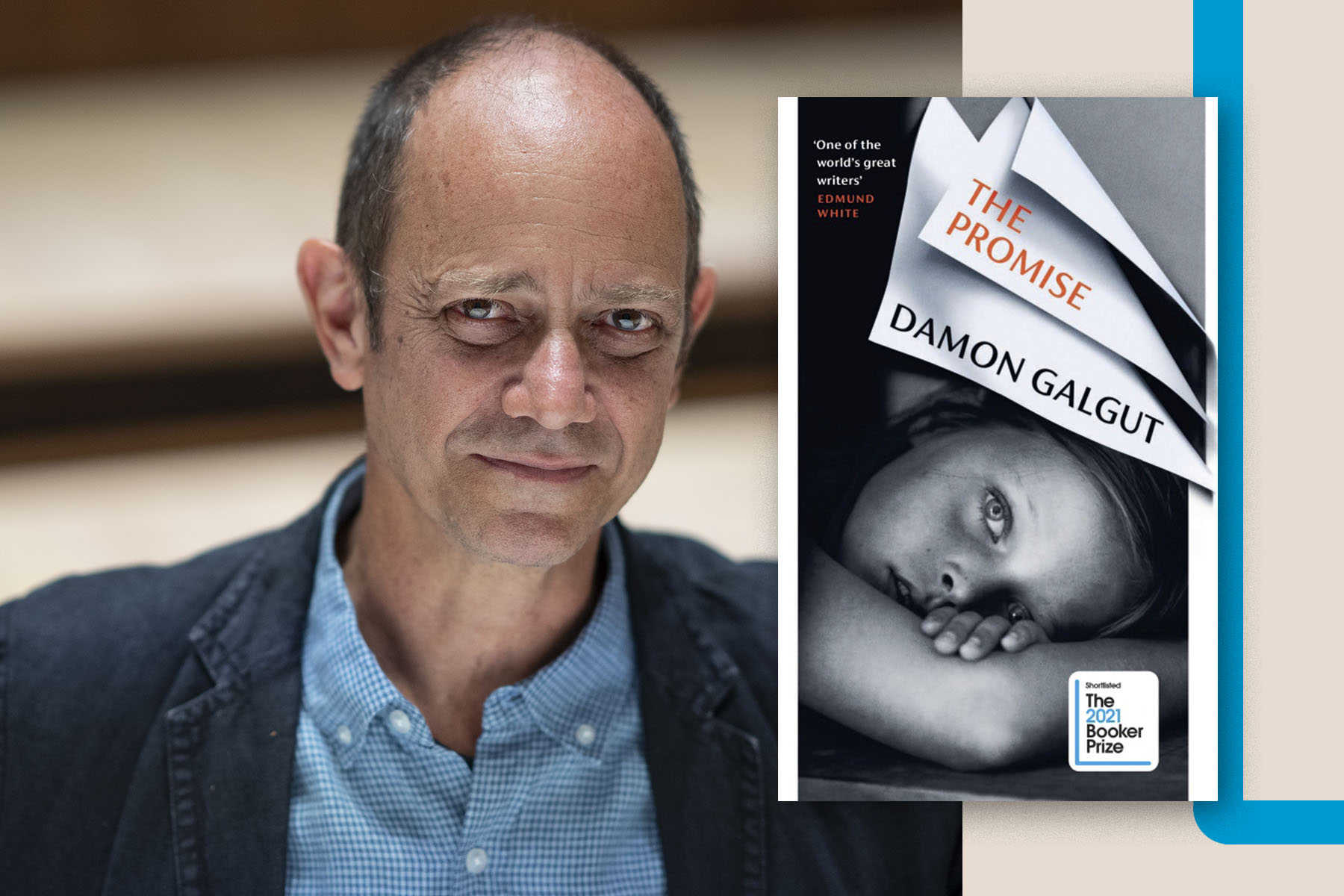 A photograph of Damon Galgut side-by-side with the cover of The Promise