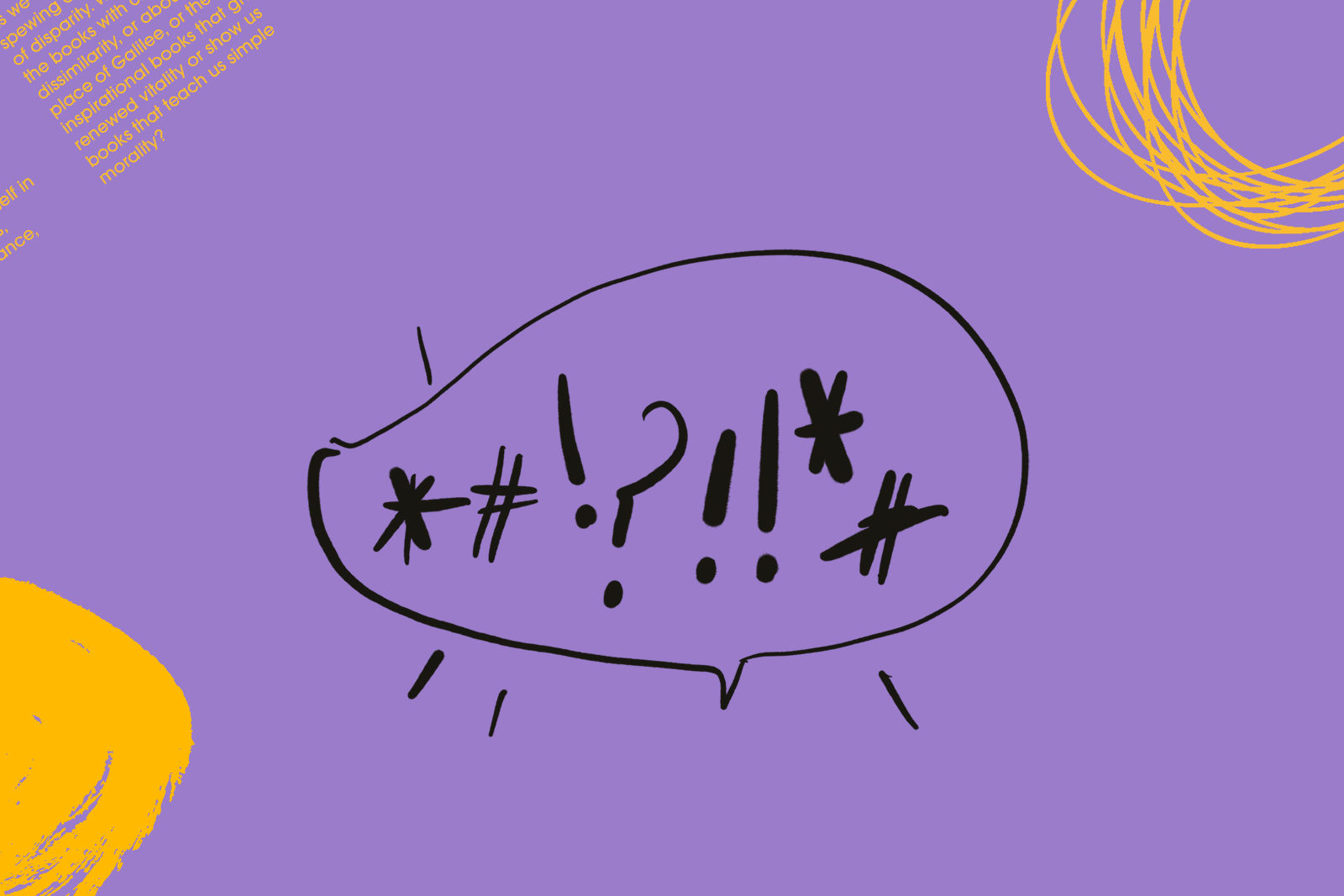 a line illustration of an illustrated speech bubble, on a purple background and with yellow highlights