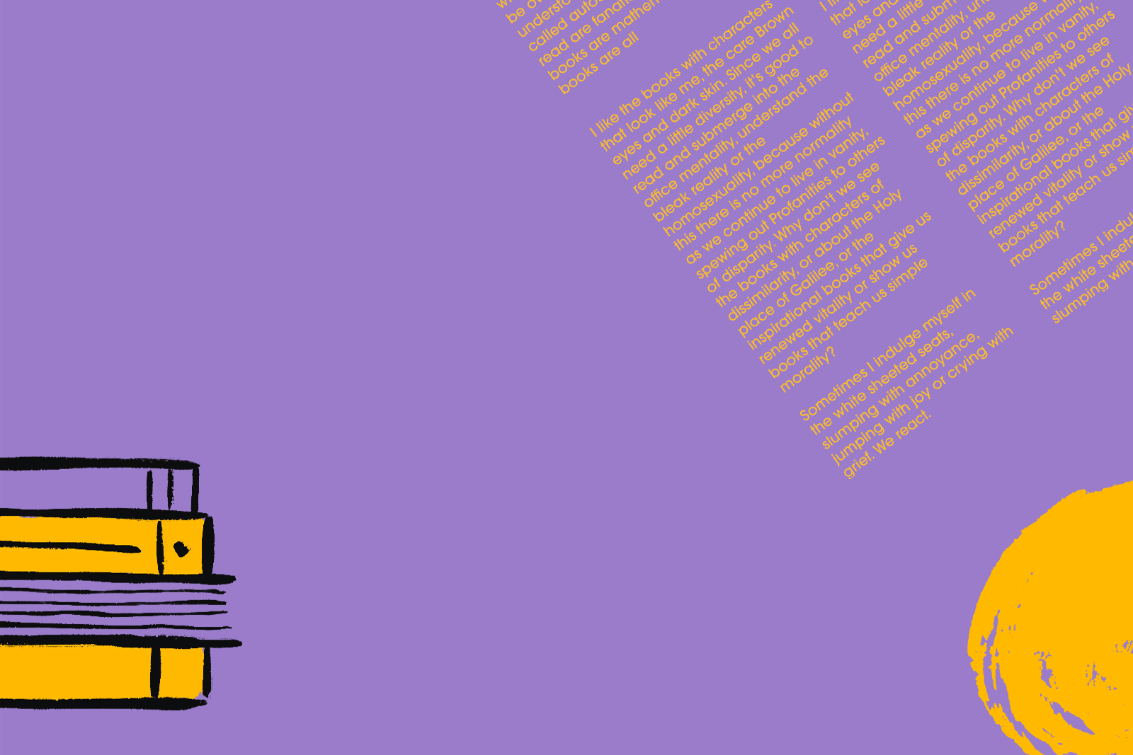A line illustration showing a stack of books off to the left hand corner. The background is purple and some of the books are highlighted in bright yellow.