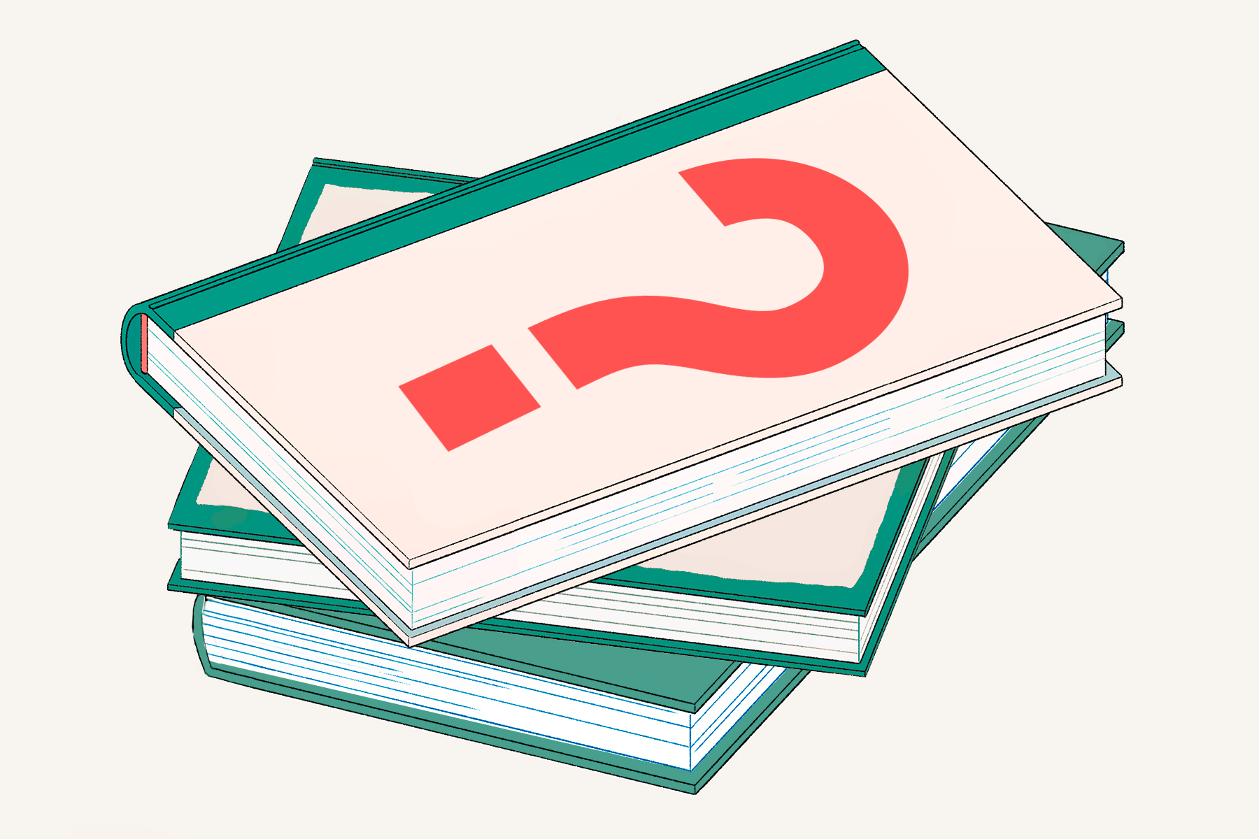An illustration of a pile of books, with a red question mark on the top one.