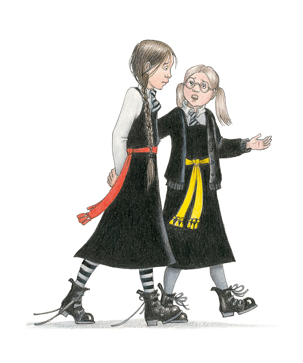 An illustration of best friends Mildred Hubble and Maud Spellbody from The Worst Witch, walking next to each other