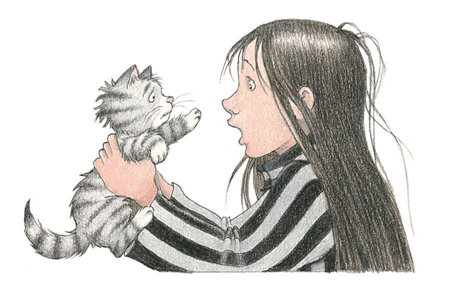 An illustration of Mildred Hubble with her cat Tabby from The Worst Witch. Mildred is in a stripy night dress and is holding Tabby