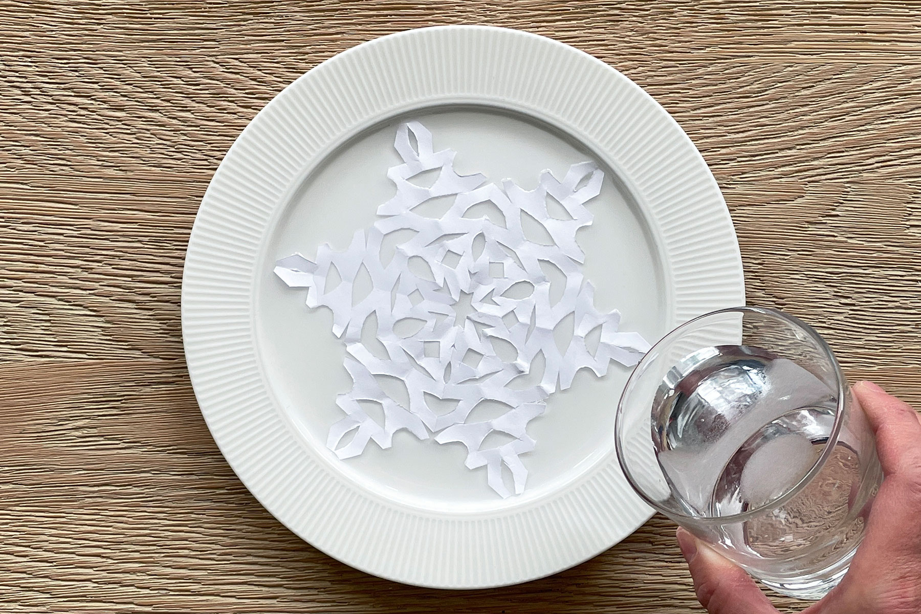 A photo of a paper snowflake laid out on a plate with a hand holding a cut of salt water reading to pour