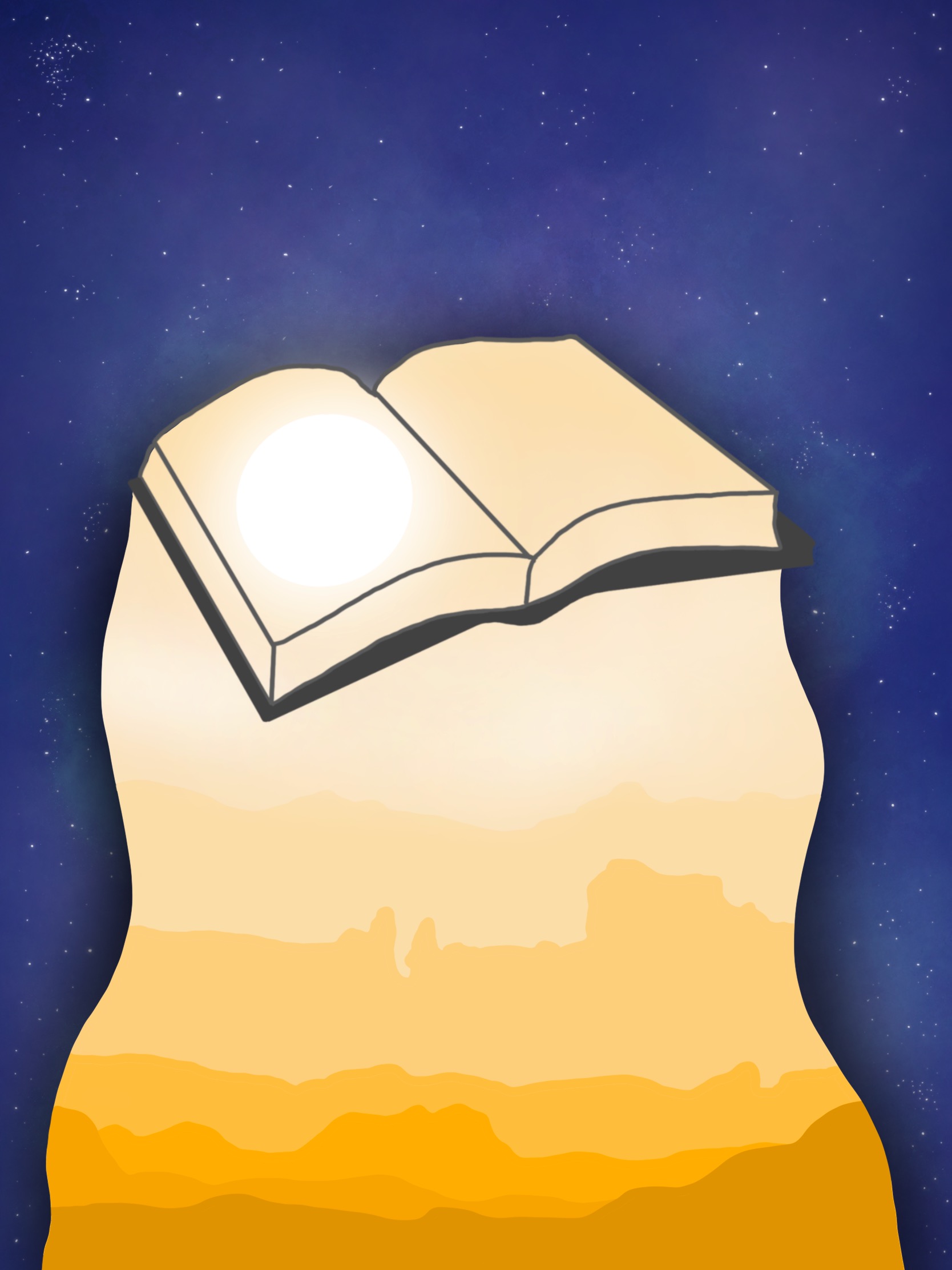 A digital art piece showing a floating book against a dark blue backdrop. The book illuminates a landscape below it, in warm yellow hues.