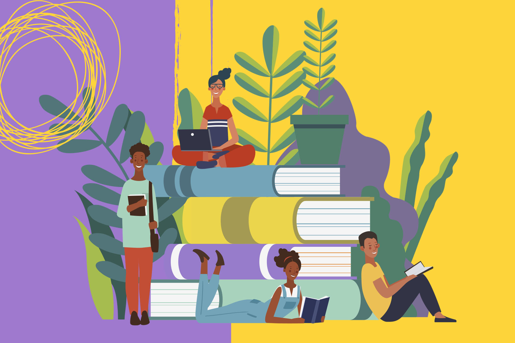 An illustration of people sitting on a stack of oversized books