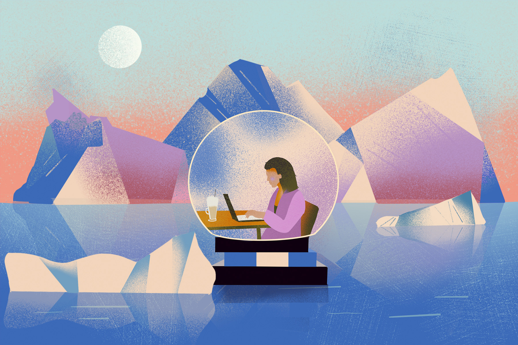 An illustration of a snow globe in front of an Arctic mountain range; inside the snow globe, a woman writes on a laptop