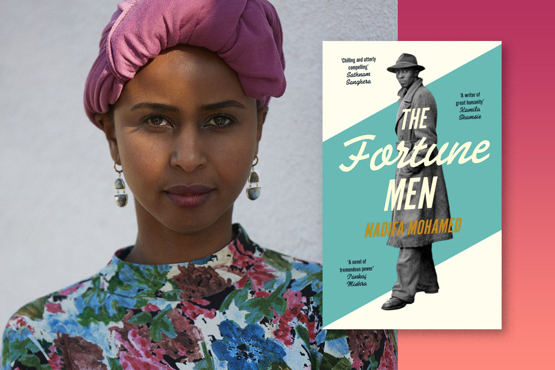 A photo of author Nadifa Mohamed on a grey background, with her book The Fortune Men overlaid next to her.