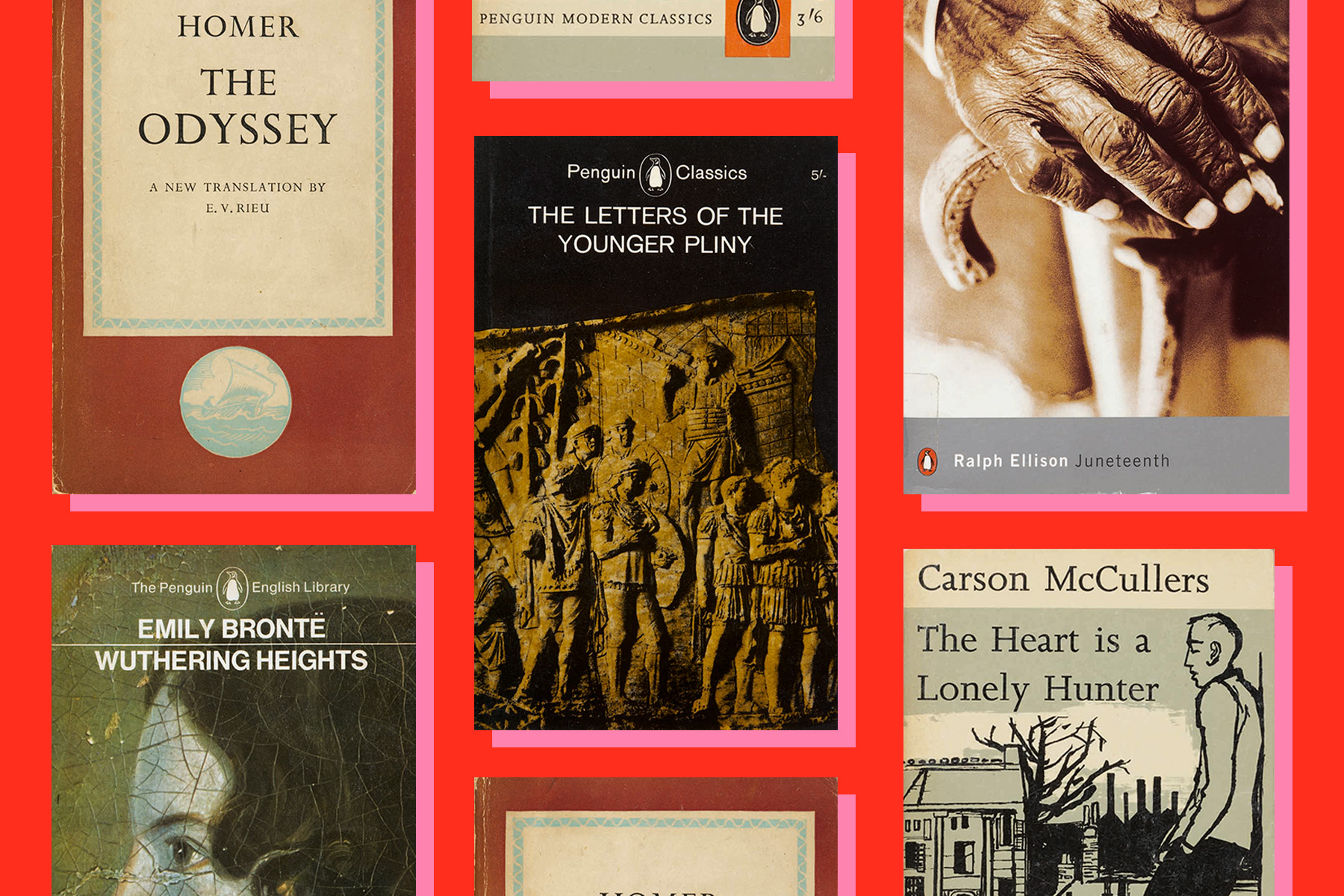 A flatlay of five Penguin Classics covers against a red background.