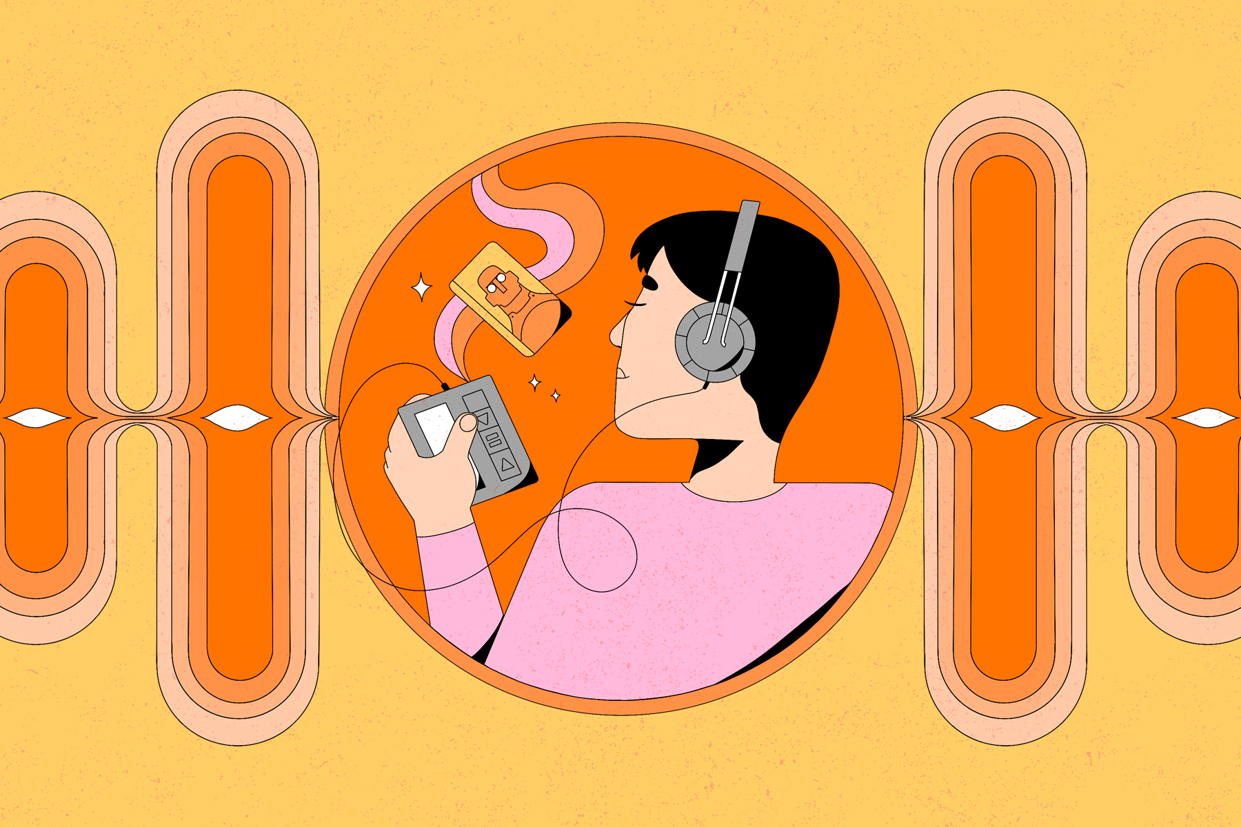 An illustration showing a young boy listening to an cassette tape audiobook of The Iron Man by Ted Hughes via headphones. Seen against a pale yellow background with a soundwave pattern either side of the illustration of the boy.