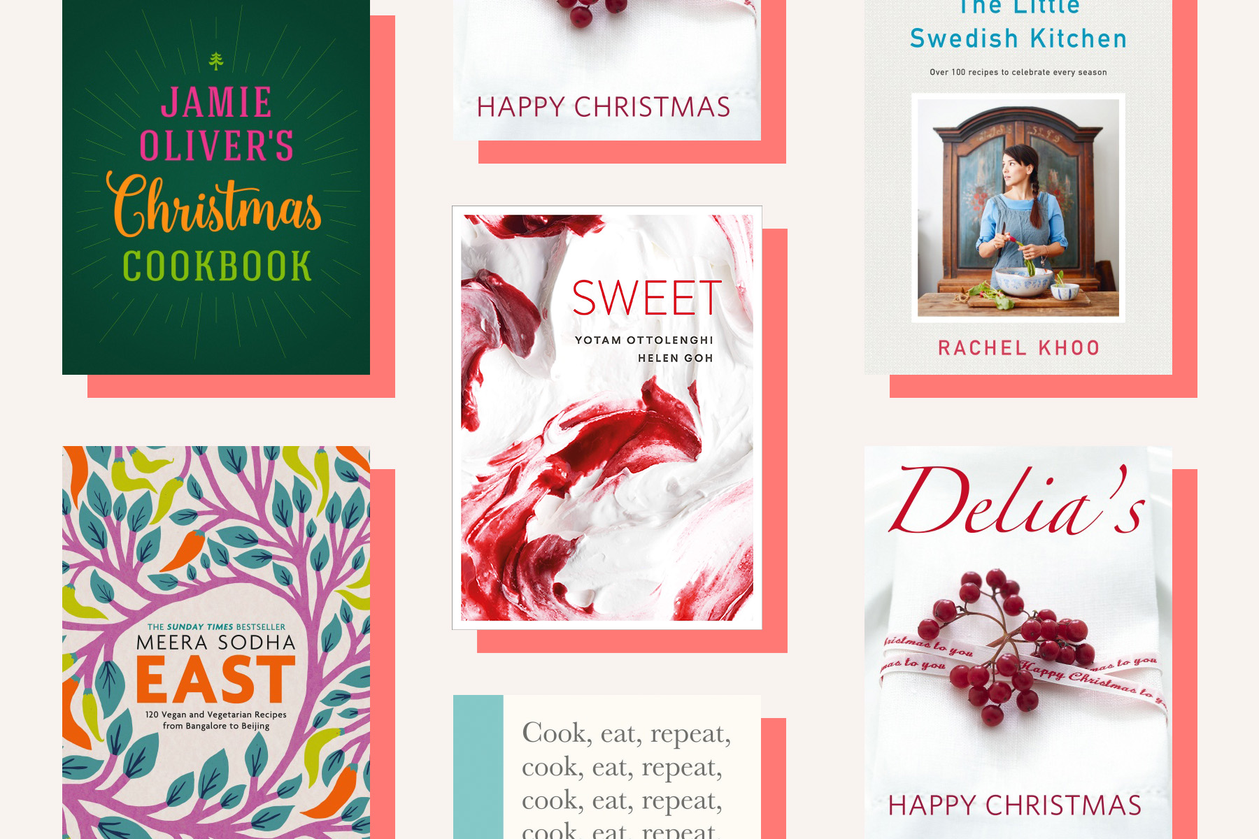 Covers of cookbooks including Jamie Oliver's Christmas Cookbook, Meera Sodha's East , Yotam Ottolenghi and Helen Goh's Sweet, Rachel Khoo's The Little Swedish Kitchen and Delia's Happy Christmas.
