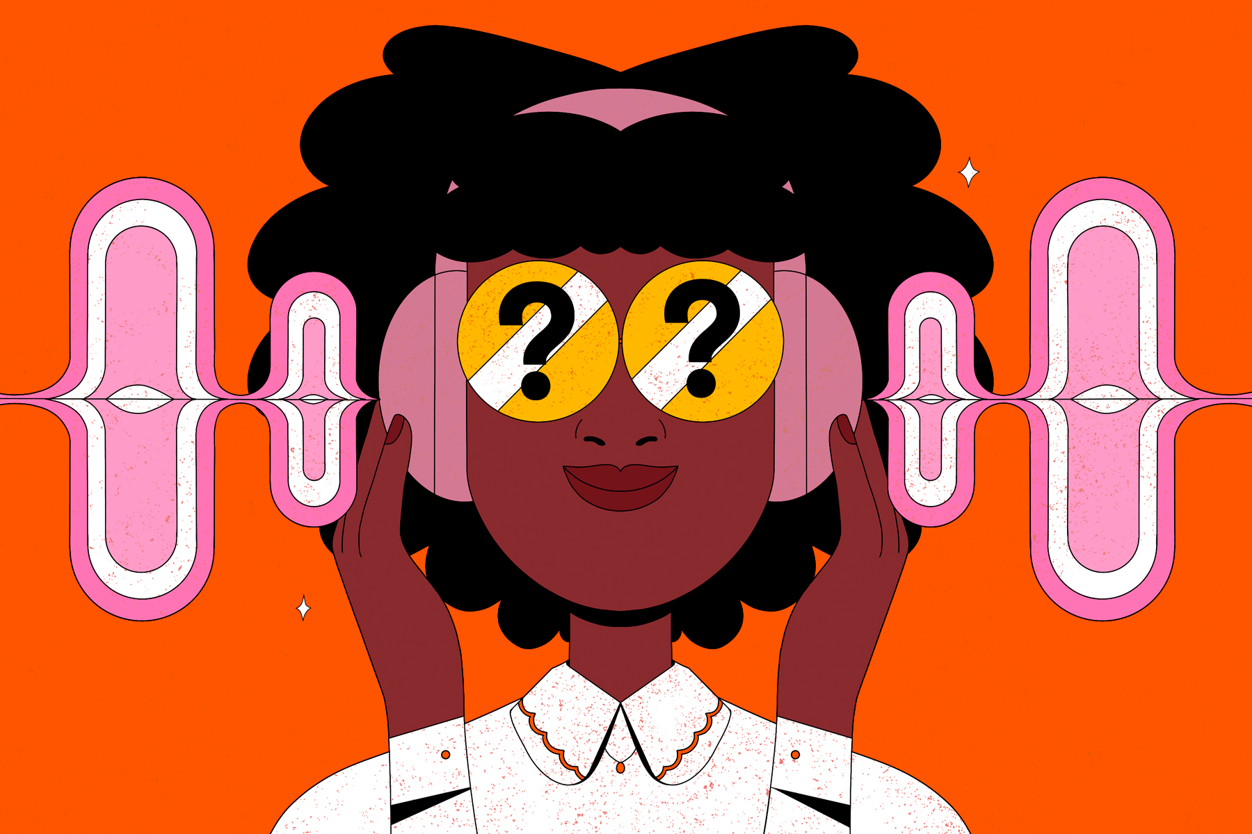 An illustration of a Black woman's head and shoulders; she is holding a pair of large headphones over her ears. She is wearing yellow glasses with large black question marks on them and the background is a bright orange. 