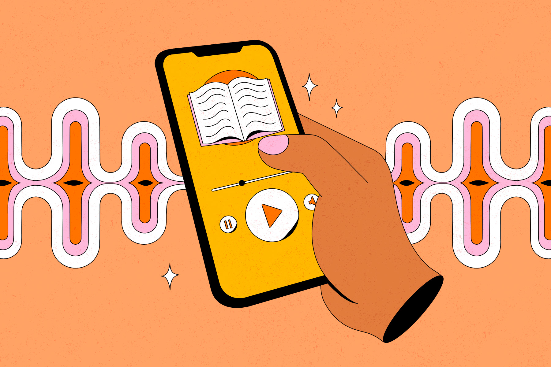 A colourful illustration of a disembodied hand holding a phone on which an audiobook is playing.