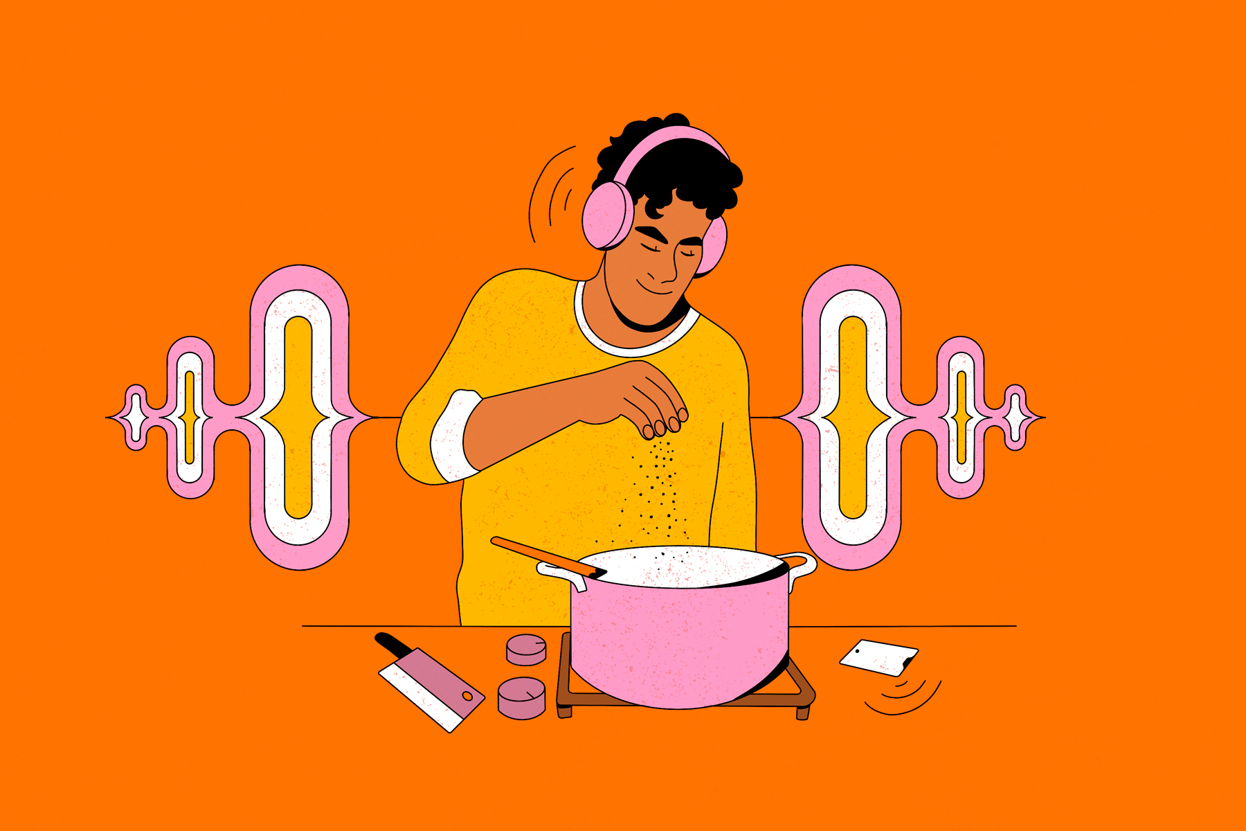 A colourful illustration of a man cooking while listening to an audiobook on headphones.