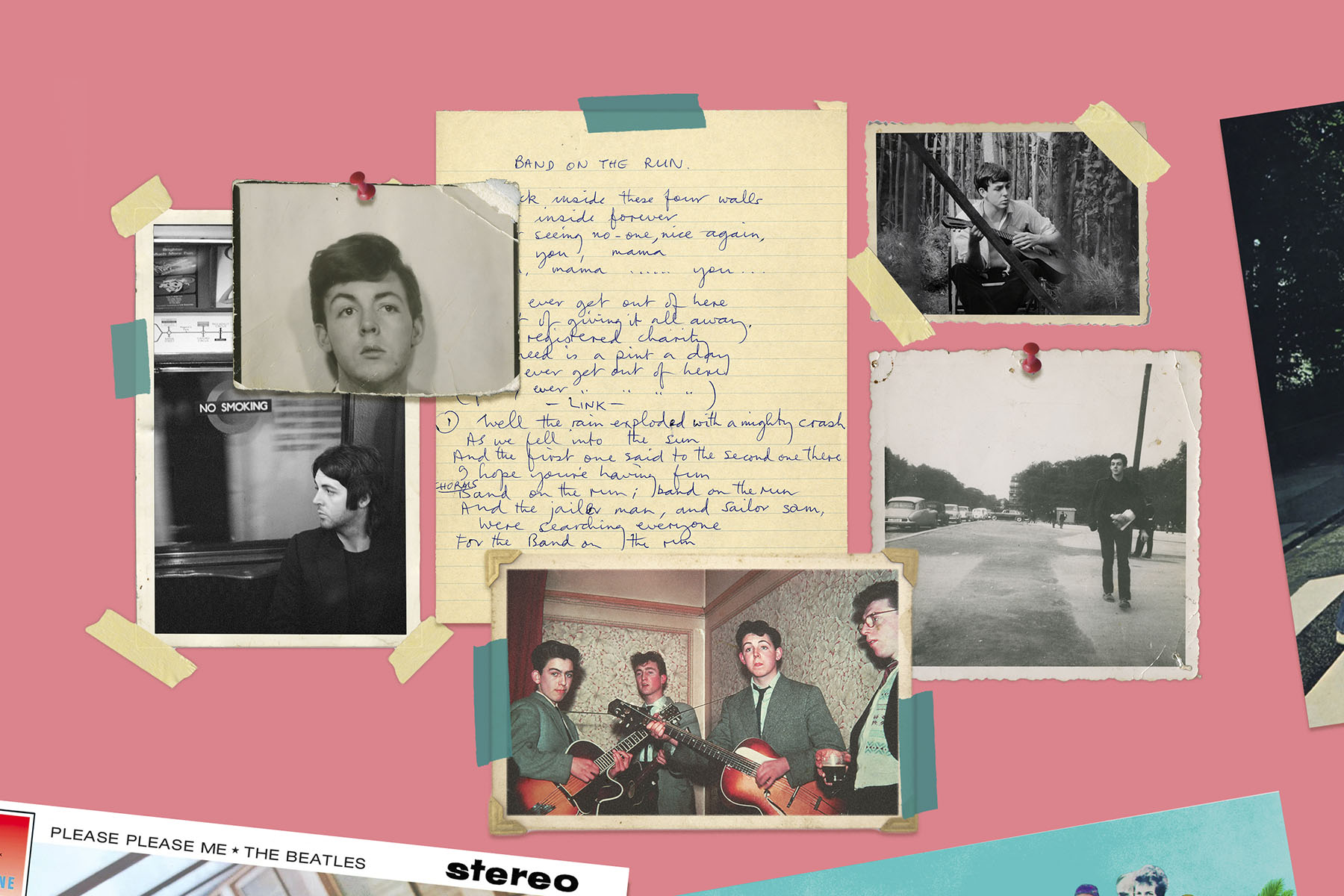 A scrapbook-style image of photographs of Paul McCartney through the years