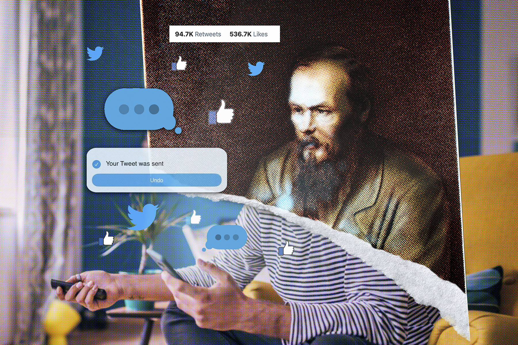 A collage of a photograph of a man using a smartphone with a portrait of Dostoevsky