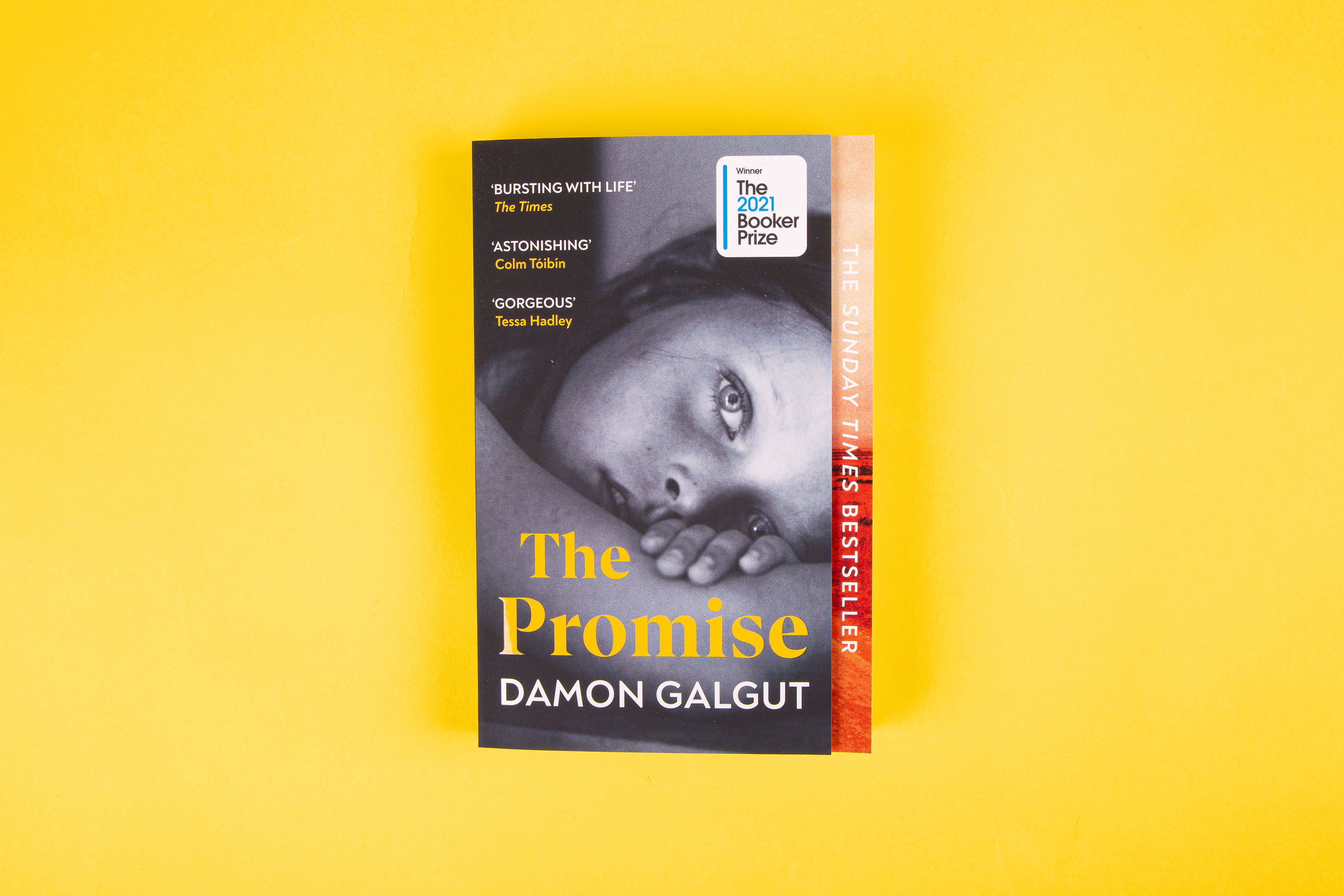 The Promise by Damon Galgut, photographed against a yellow background.