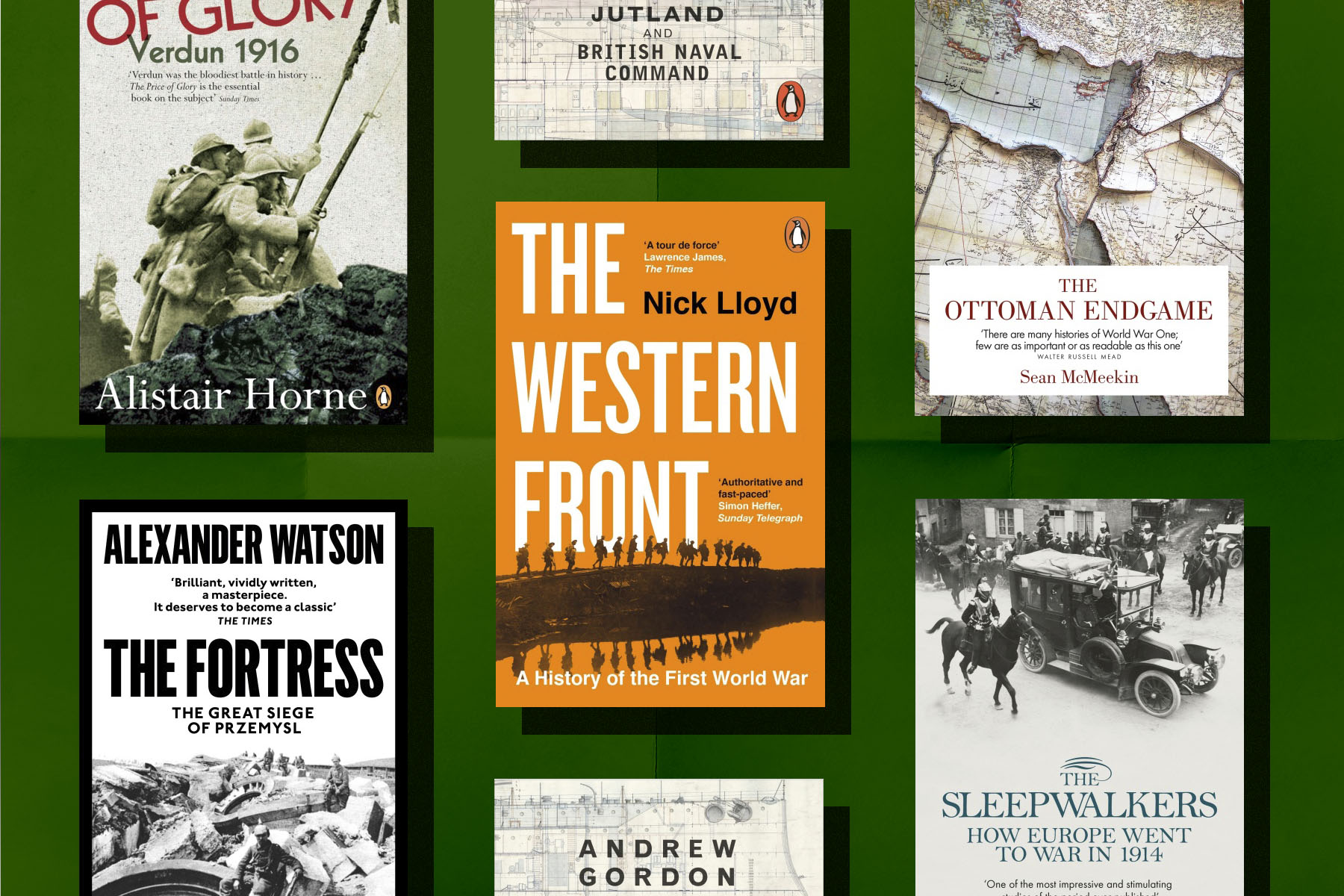 A flatlay of book covers about the First World War against an olive green background.