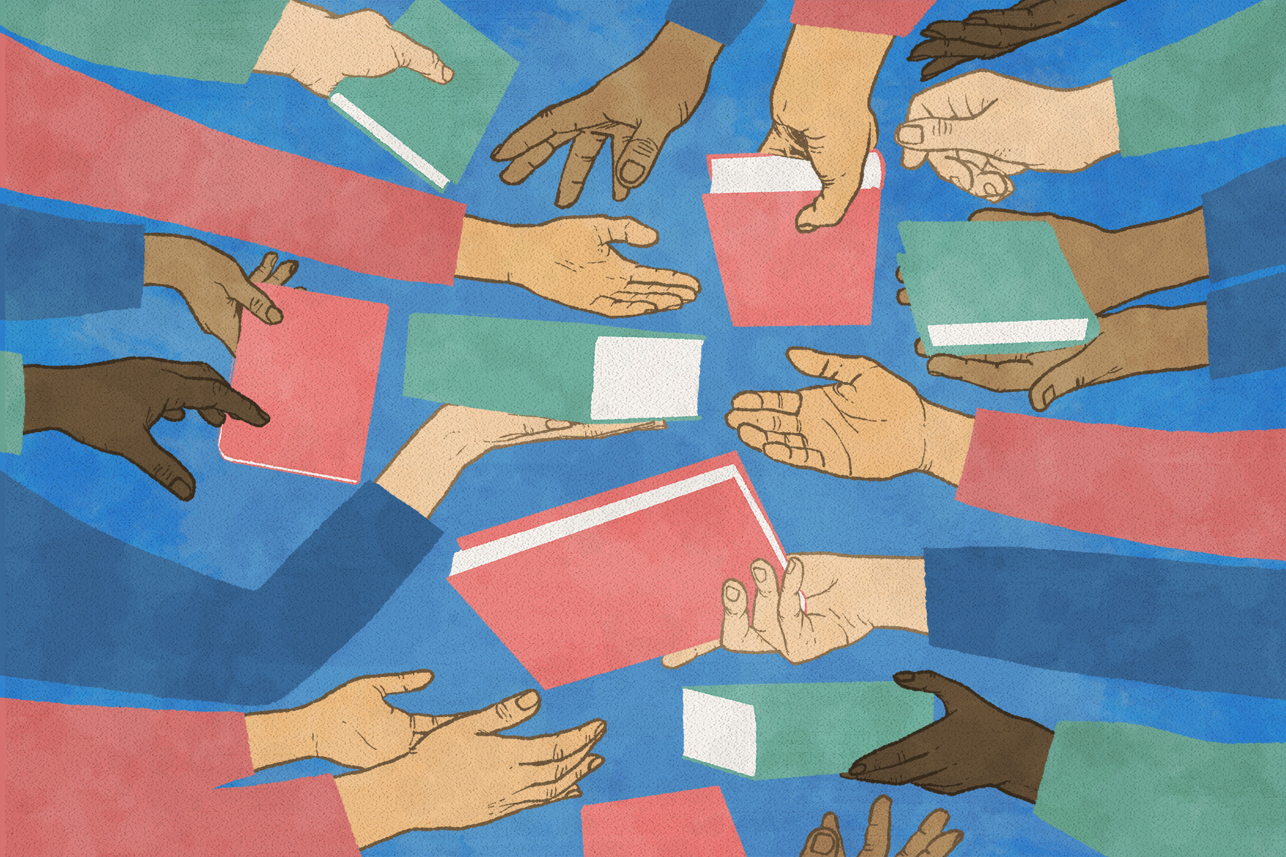 An illustration of different hands stretching out towards a book against a blue background